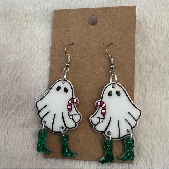 Jewelry - Holiday Christmas ghost 👻 with glitter boots dangle earrings